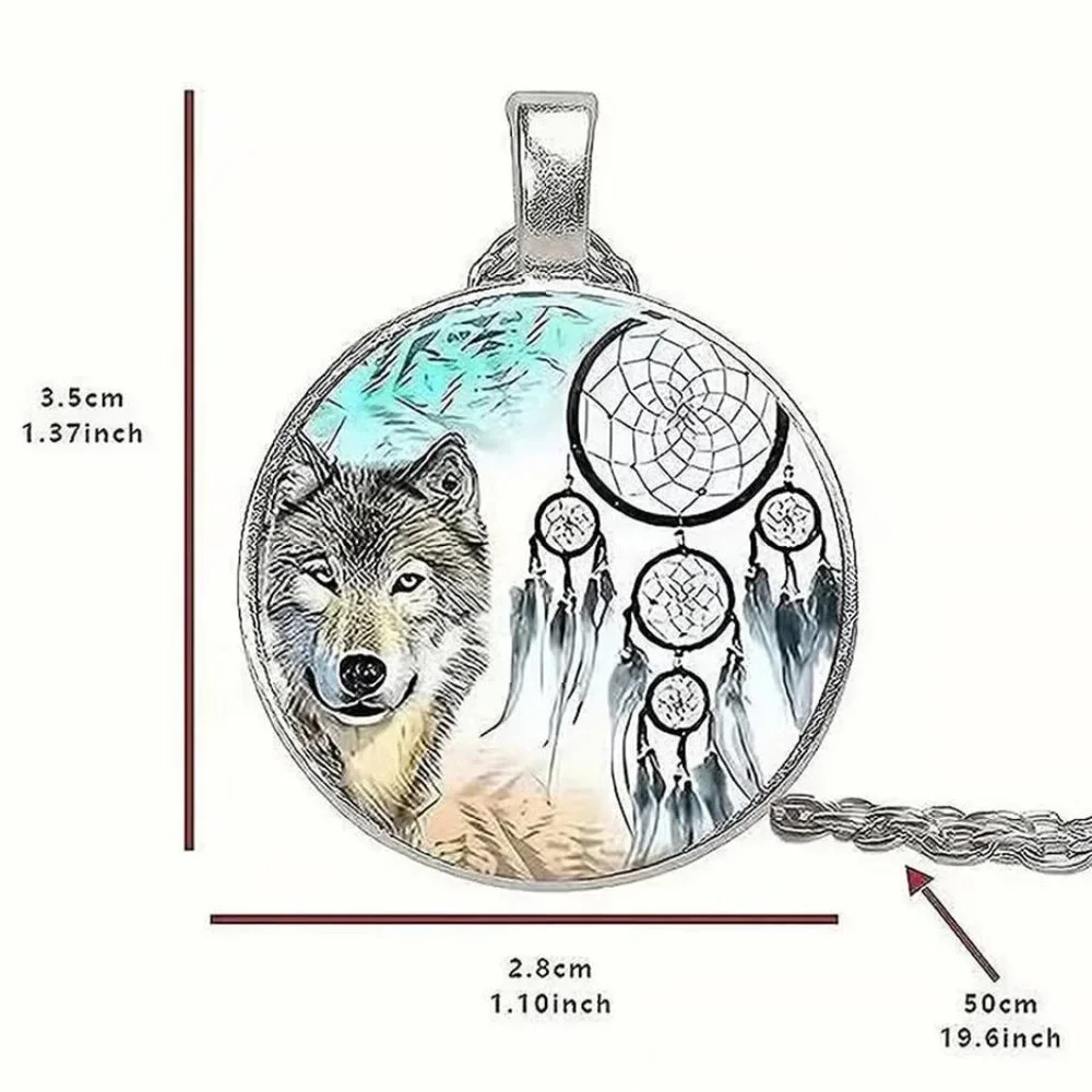 Silver WOLF Glass Cabochon Pendant Necklace